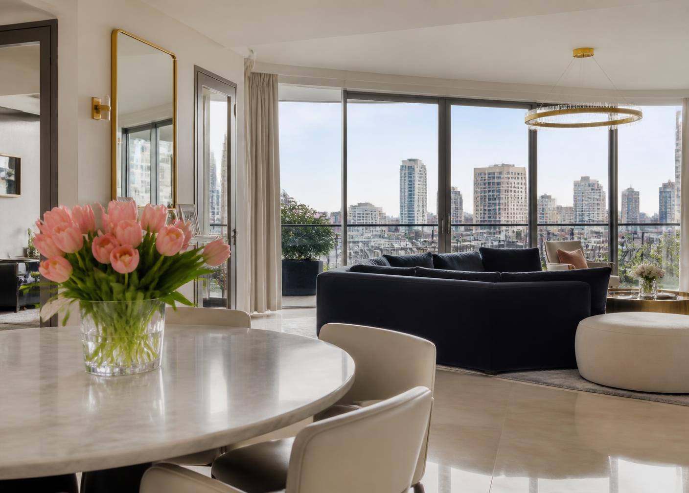 Immaculate Melbourne apartment interior with marble floors and floor-to-ceiling windows